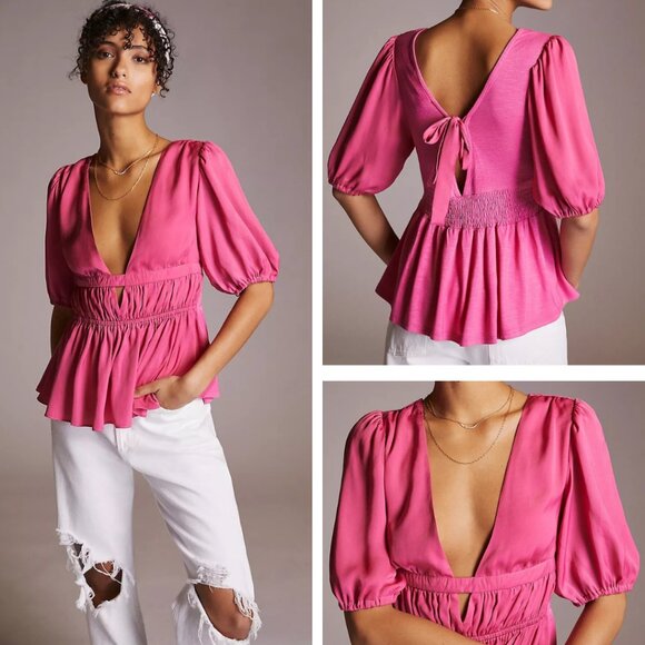 Anthropologie Dolan Cut-Out V-Neck Top In Pink Size Small - Picture 1 of 5